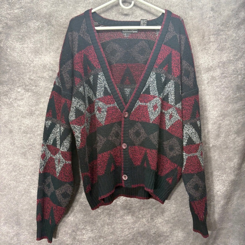 Vintage 90s Peter England Geometric Diamond Cardigan Mens XL Red Black Grunge